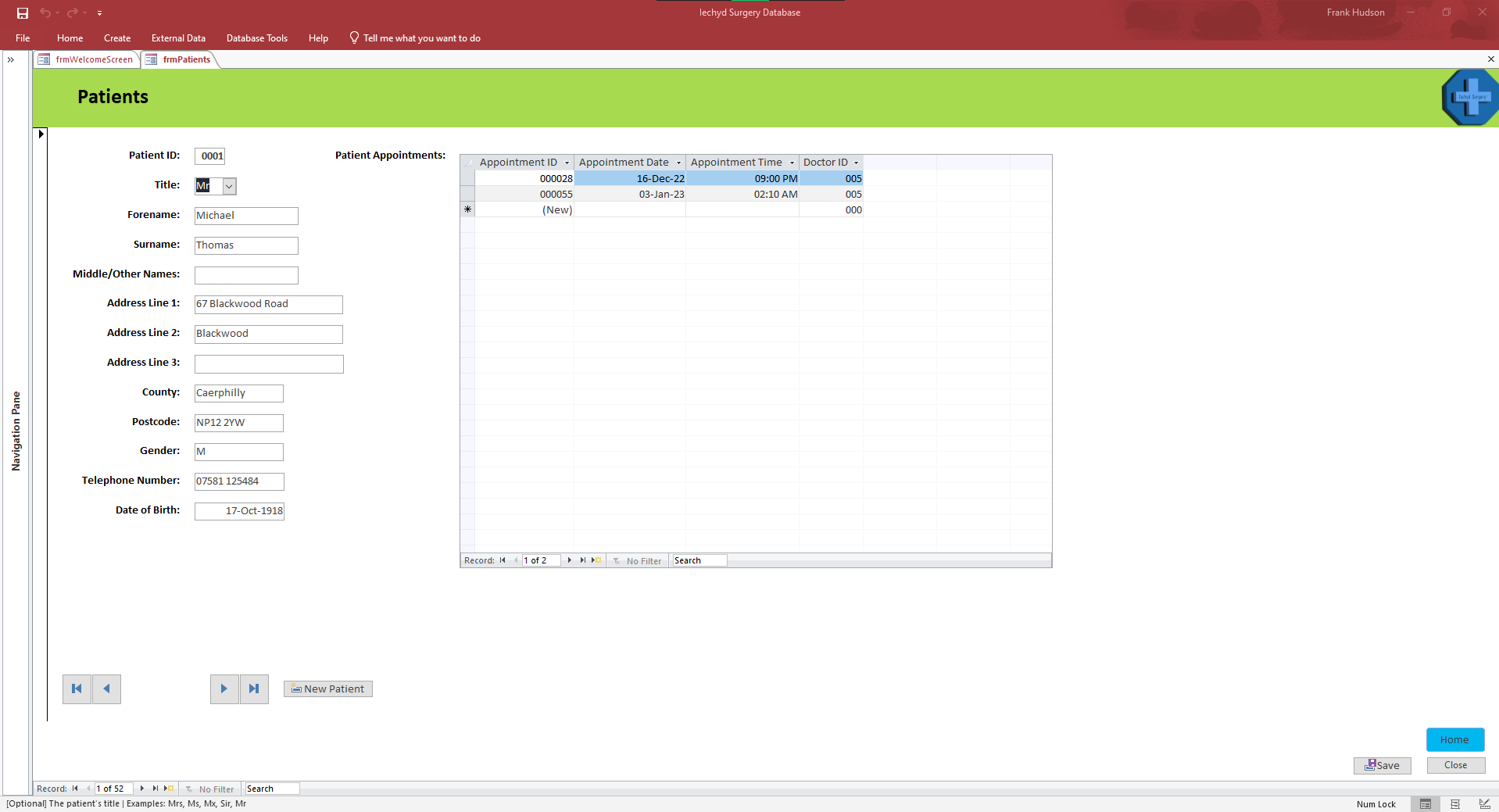 patient data management form
